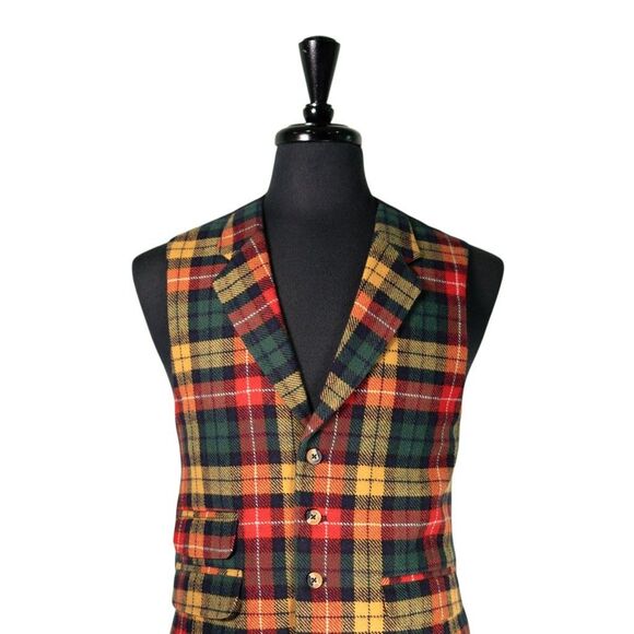 Mens 44R Wool Vest Red Yellow Green Tartan Plaid Waistcoat Formal Wedding Party - Picture 3 of 10